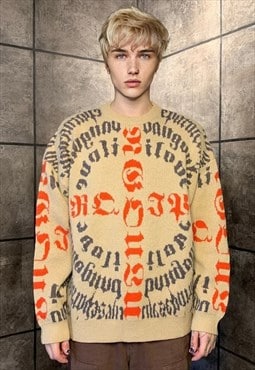 Punk sweater Tattoo print jumper knitted Gothic top in cream