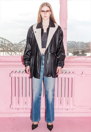 VINTAGE LEATHER BIKER JACKET IN BLACK / WHITE