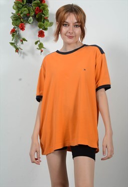 Vintage Tommy Hilfiger T-Shirt Orange Logo Relaxed Size L