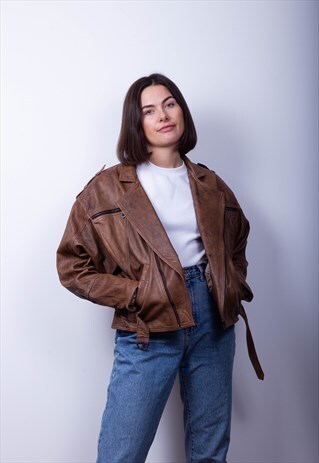 BROWN FAUX LEATHER BIKER JACKET