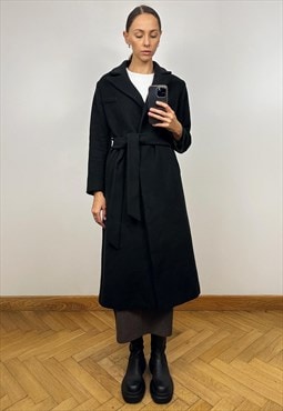 Vintage Black Wool Coat, Black Wool Midi Winter Coat