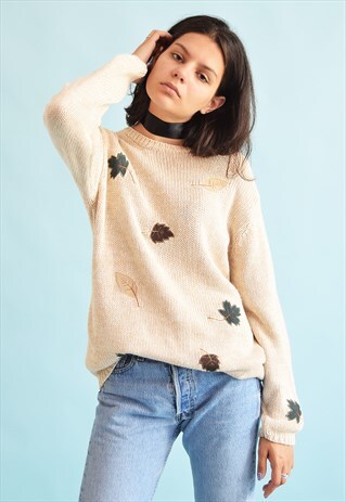 90'S RETRO LEAF EMBROIDERY OVERSIZED JAZZY KNIT JUMPER