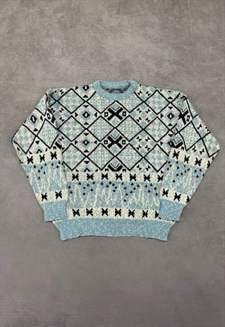 VINTAGE KNITTED JUMPER ABSTRACT PATTERNED GRANDAD SWEATER