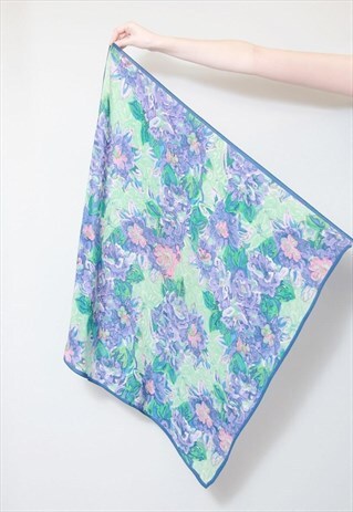 VINTAGE 1970'S SILK GREEN & BLUE FLORAL PRINT SCARF