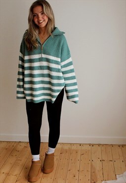 Striped Zip Knitted Jumper in Green