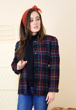 90S VINTAGE CHECKED WOOL BLAZER IN BLACK