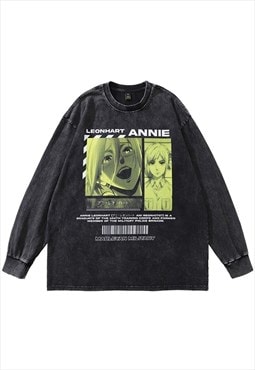 Anime t-shirt vintage wash top Japanese cartoon long tee