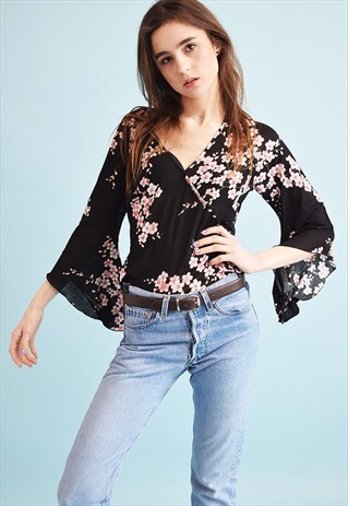 90'S RETRO FLORAL PRINT KITSCH SHEER TIE UP TOP BLOUSE