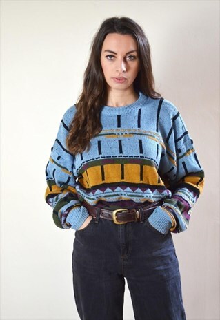 80S VINTAGE BLUE & YELLOW ABSTRACT PATTERN KNIT JUMPER