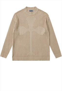 Mesh sweater knitted see through jumper grunge top in cream