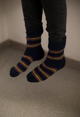 NAVY HANDMADE STRIPED KNITTED WOOL SOCKS