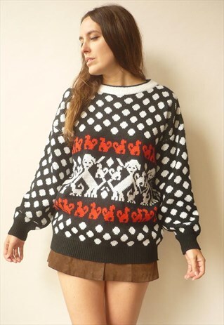 1980'S VINTAGE NOVELTY DOG & POLKA DOT PATTERN JUMPER