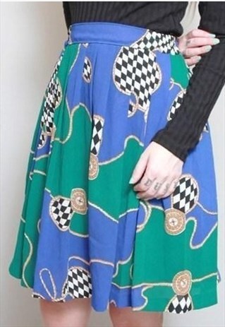 VINTAGE 1990'S GREEN & BLUE PATTERNED PLEATED MINI SKIRT