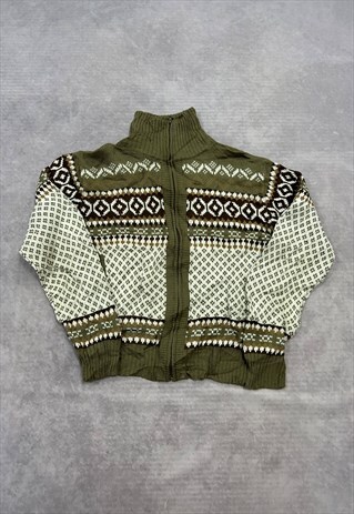 VINTAGE KNITTED CARDIGAN ABSTRACT PATTERNED ZIP UP SWEATER