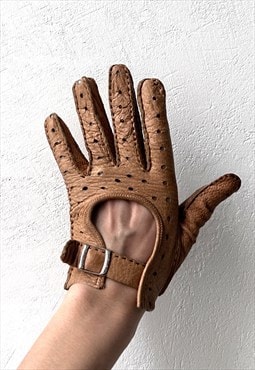 Retro 70s Tan Brown Leather Driving Mittens - XS