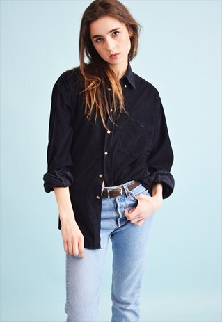 90'S RETRO CORDUROY OVERSIZED NAVY BLUE SHIRT TOP