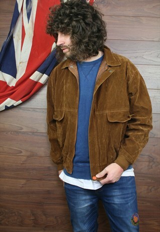 VINTAGE SUEDE LEATHER LINED BOMBER JACKET . BROWN, MEDIUM