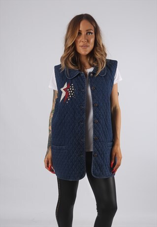 VINTAGE DENIM WAISTCOAT JACKET OVERSIZED LONG GILET (82O)