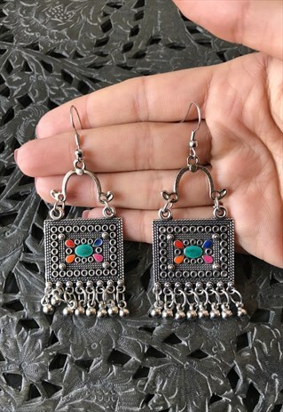 SILVER PRETTY BOHEMIAN ETHNIC EARRINGS MULTICOLOUR ENAMEL
