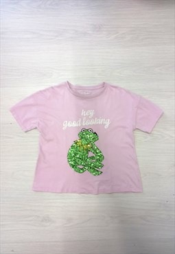 00's Disney Kermit T-Shirt Pink Green Sequins