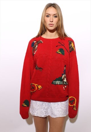 VINTAGE 1990'S 90'S RED EQUESTRIAN THEMED OVERSIZE JUMPER OS