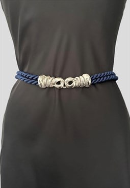 70's Vintage Blue Rope Fabric Silver Metal Clasp Ladies Belt