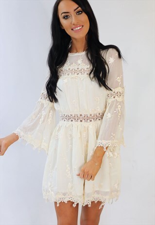 CREAM EMBROIDERED BELL SLEEVE SUMMER PLAYSUIT