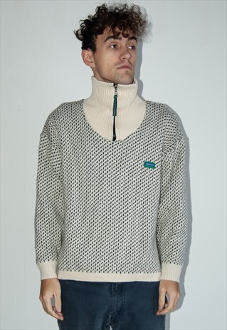 MENS VINTAGE RETRO WHITE HALF ZIP JUMPER SWEATER