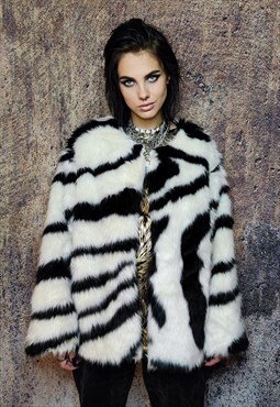 Collarless faux fur jacket fluffy zebra coat stripe bomber