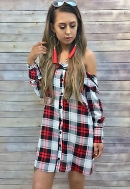 Red Checked Cold Shoulder Long Shirt