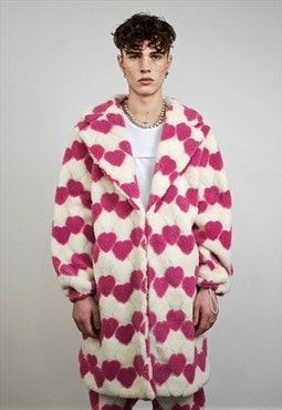 Pink heart fleece coat long fluff trench love pattern jacket