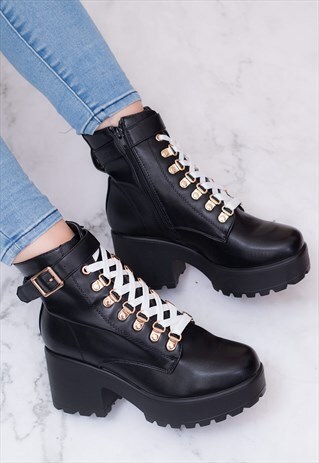 VICIOUSER LACE UP BLOCK HEEL ANKLE BOOTS-BLACK LEATHER STYLE