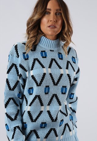 VINTAGE PATTERNED KNITTED JUMPER KNIT UK 10-12 S/M (A3Q)