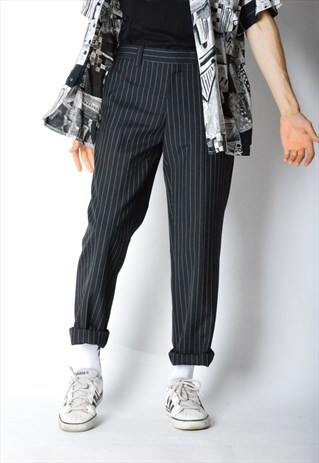 VINTAGE 90S BLACK STRIPED WOOL BLEND PANTS