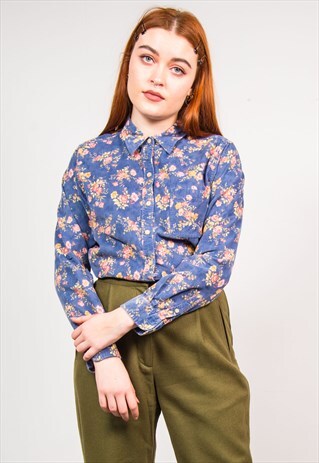 VINTAGE 90'S BLUE CORD FLORAL PATTERN SHIRT