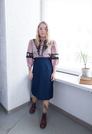 VINTAGE 80'S NAVY STRIPED HIGH WAISTED MIDI SKIRT