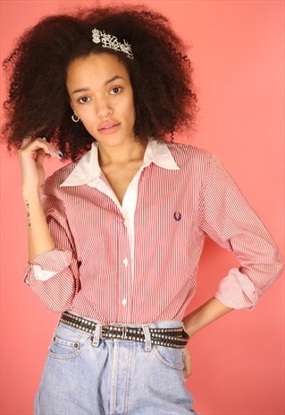 VINTAGE 90S Y2K RED FRED PERRY STRIPED SHIRT RED & WHITE