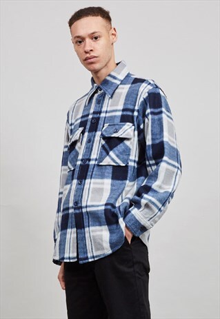 VINTAGE 90'S BLUE AND GREY TARTAN FLEECE WORKMAN SHIRT/ JACK