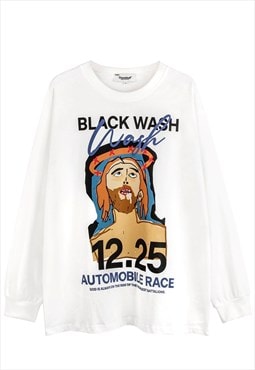 Jesus cartoon long sleeve t-shirt grunge skater top in white