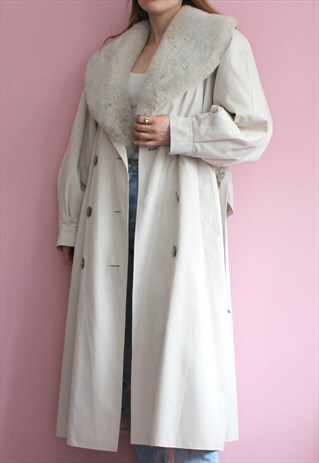 CREAM FOUR SEASONS OF LONDON FAUX FUR TRIMMED COAT