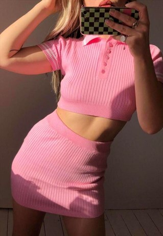 Y2K PINK RIBBED CROPPED POLO SHIRT & MINI SKIRT TWO PIECE