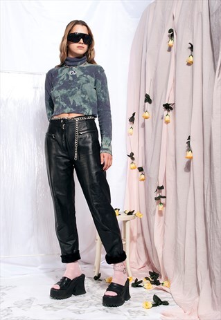 VINTAGE LEATHER TROUSERS 80S HIGH-WAISTED BLACK SLIM FIT PAN