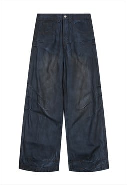 Blue oil wash jeans dirty denim trouser ripped rave pants