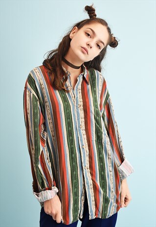 90'S RETRO STRIPED PRINT OVERSIZED SHIRT