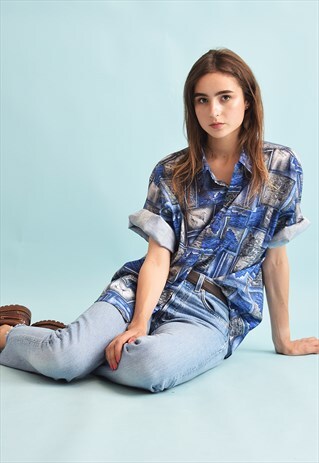 90'S RETRO SILK ABSTRACT PRINT OVERSIZED DADS BLOUSE TOP
