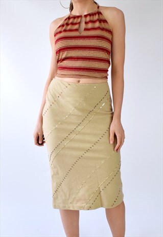 VINTAGE 90S DOES 70S BEIGE WOOL BEADED SEQUIN MIDI SKIRT