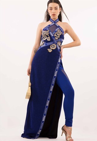 FKNS BLUE HALTER NECK MAXI DRESS