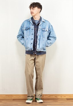 Vintage 80's Men Faded Denim Jean Jacket in Blue