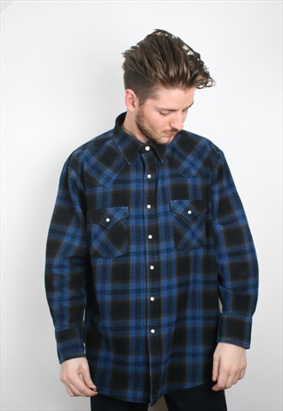 VINTAGE BLUE CHECK COTTON FLANNEL SHIRT