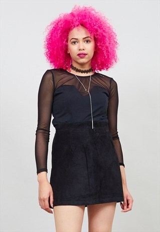 BLACK HIGH WAISTED A-LINE MINI SUEDE SKIRT